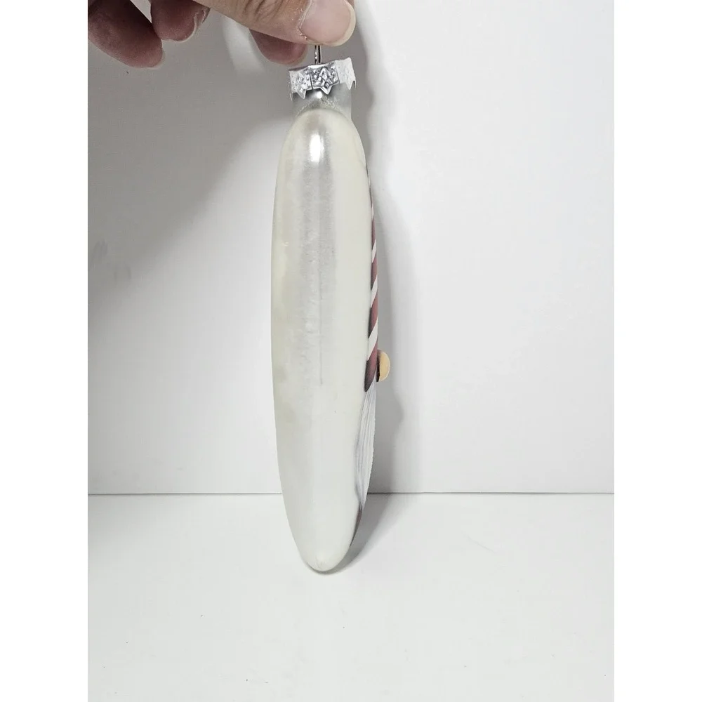 Glass Gnome Christmas Ornament Rectangle Flat Silver White Red Striped Hat 6
